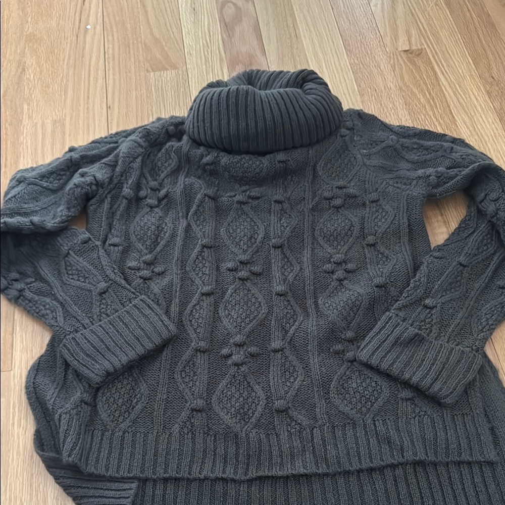 Dark Gray Cable Knit Turtleneck Sweater